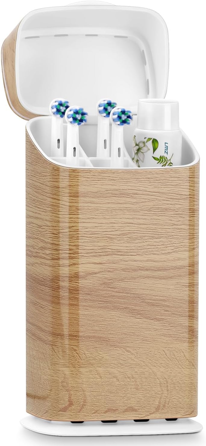 Toothbrush Holders with Cover - Electric Toothbrush Length Less Than 9 inches, 5 Slots Tooth Brush Holder for Bathroom, Detachable Toothpaste Holder Bathroom Organizers with Drainage, Wood