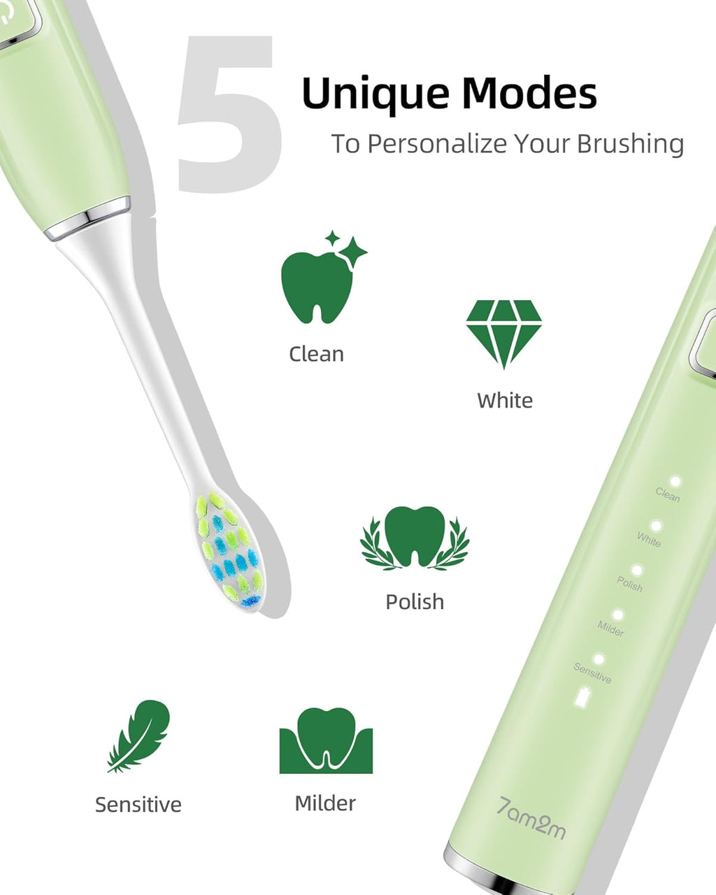 7AM2M Sonic Electric Toothbrush with 6 Brush Heads for Adults and Kids, One Charge for 90 Days, Wireless Fast Charge, 5 Modes with 2 Minutes Built in Smart Timer, Electric Toothbrushes(Green+Black)