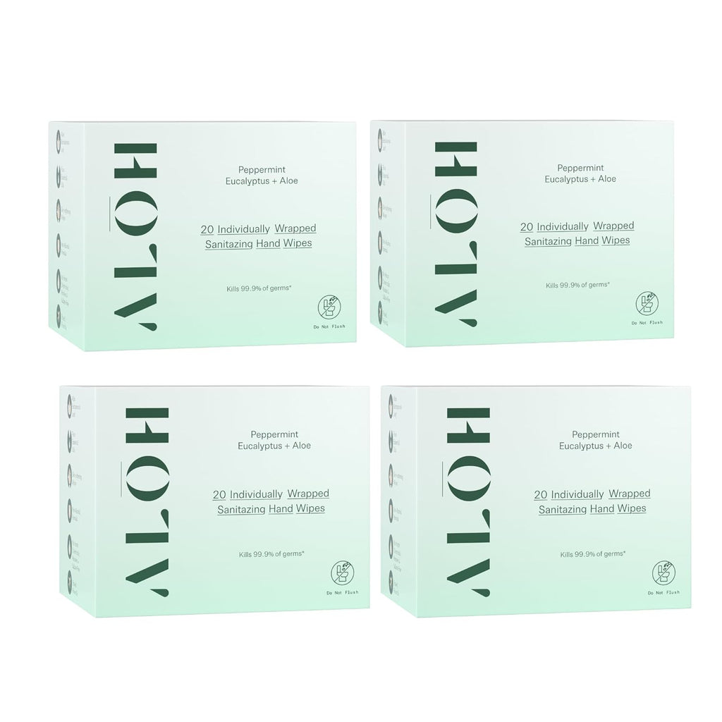 ALŌH Skin - Softening Sanitizing Hand Wipes - Peppermint Eucalyptus + Aloe (4 Boxes of 20 Individually Wrapped Wipes (80 wipes))