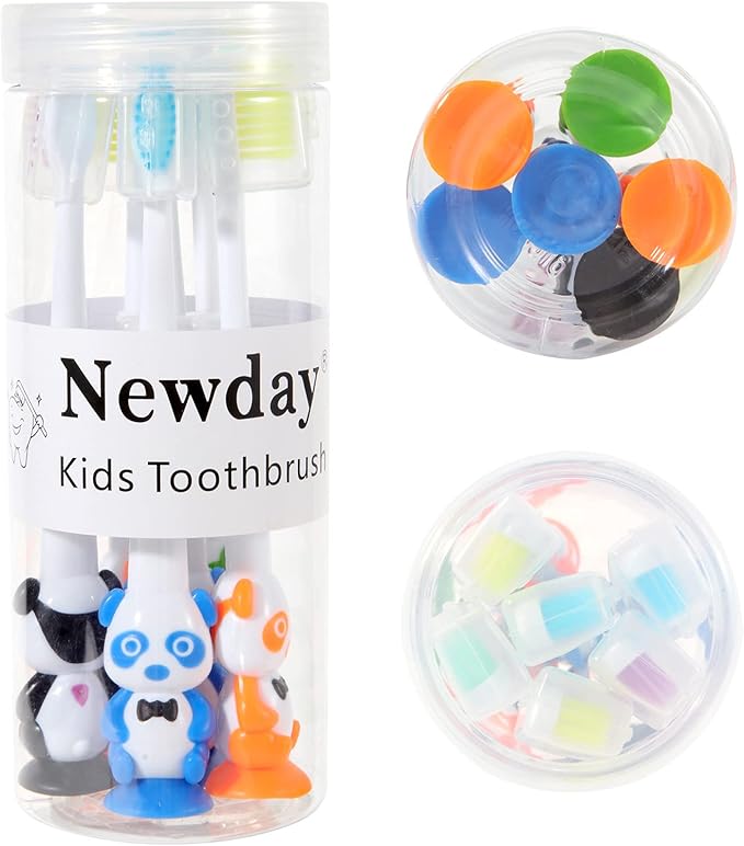 Newday Kids toothbrushes 6 Pack Set Soft Bristles with Suction Cup, Includes Travel Covers, Bear Panda toothbrushes for Kids Boys & Girls, Toddlers &Children Teeth Age 3+