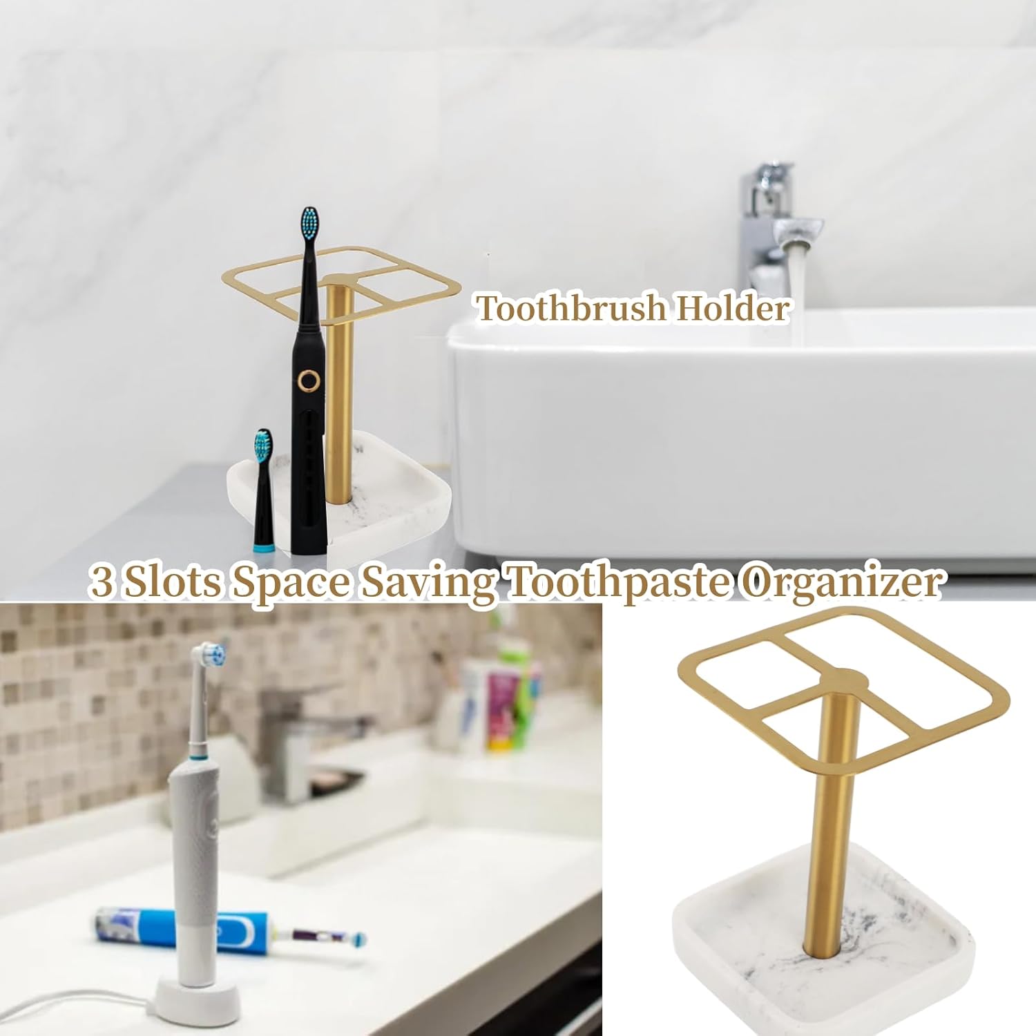 Mumusuki Stainless Steel Toothbrush Holder, Space Saving Toothpaste Organizer with Multifunctional Storage for Bathroom (Gold)