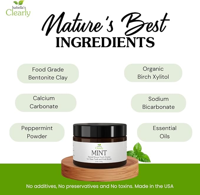 Isabella’s Clearly Mint Remineralizing Tooth Powder | Teeth Whitening Natural Fluoride Free Toothpaste for Adults, Kids, Sensitive Teeth and Gums | Xylitol, Baking Soda, Clay, Calcium (Mint Flavor)