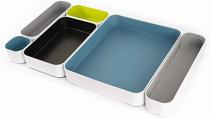 Three by Three Seattle 6 Piece Metal Organizer Tray Set for Storing Makeup, Stationery, Utensils, and More in Office Desk, Kitchen and Bathroom Drawers (2 Inch, Assorted Colors, Stripes)
