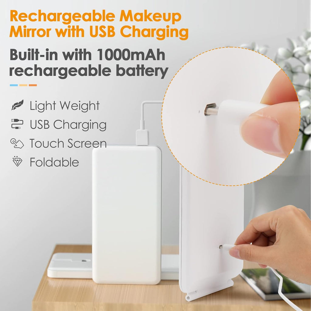 Rechargeable Travel Makeup Mirror 72 LED Lighted Compact Slim Vanity with Lights 3 Lighting Modes Dimmable Touch Screen (White),(DenCert)