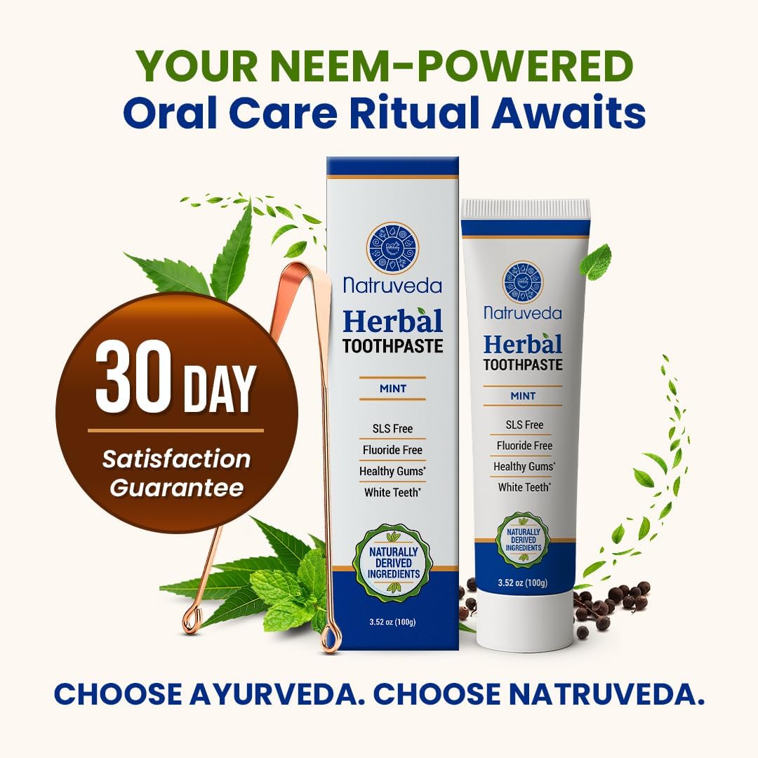 Neem Herbal Toothpaste with Complimentary Copper Tongue Scraper | Fluoride Free, SLS Free, Natural Toothpaste for Adults | Ayurvedic Oral Care with Mint & 8 Herbal Ingredients | 3.52 oz
