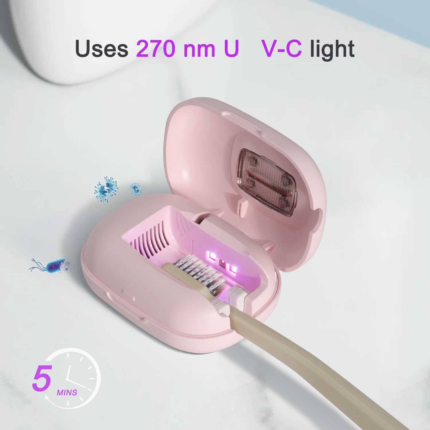 Toothbrush Holder, Toothbrush Cleaner Case, Portable USB Charging Toothbrush Cover with U V-C Light, Travel Toothbrush Holder (Pink-Fan-Heat)