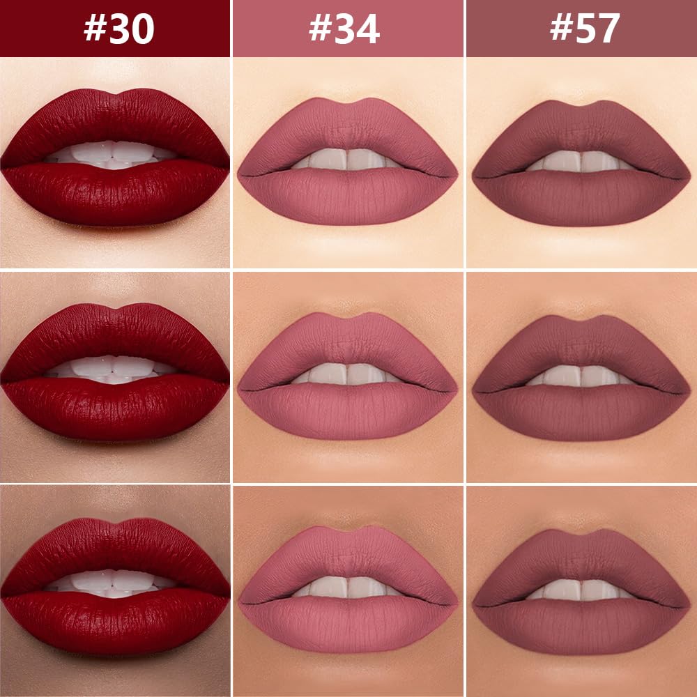 3Pcs 2 in 1 Dark Red Nuetral Mauve Red Brown Matte Lip Liner and Liquid Lipstick Stain Makeup Set for women, Long Lasting Smudge Proof Lip Tint Matte Finish Lip Gloss for All-Day Color Hold Set34
