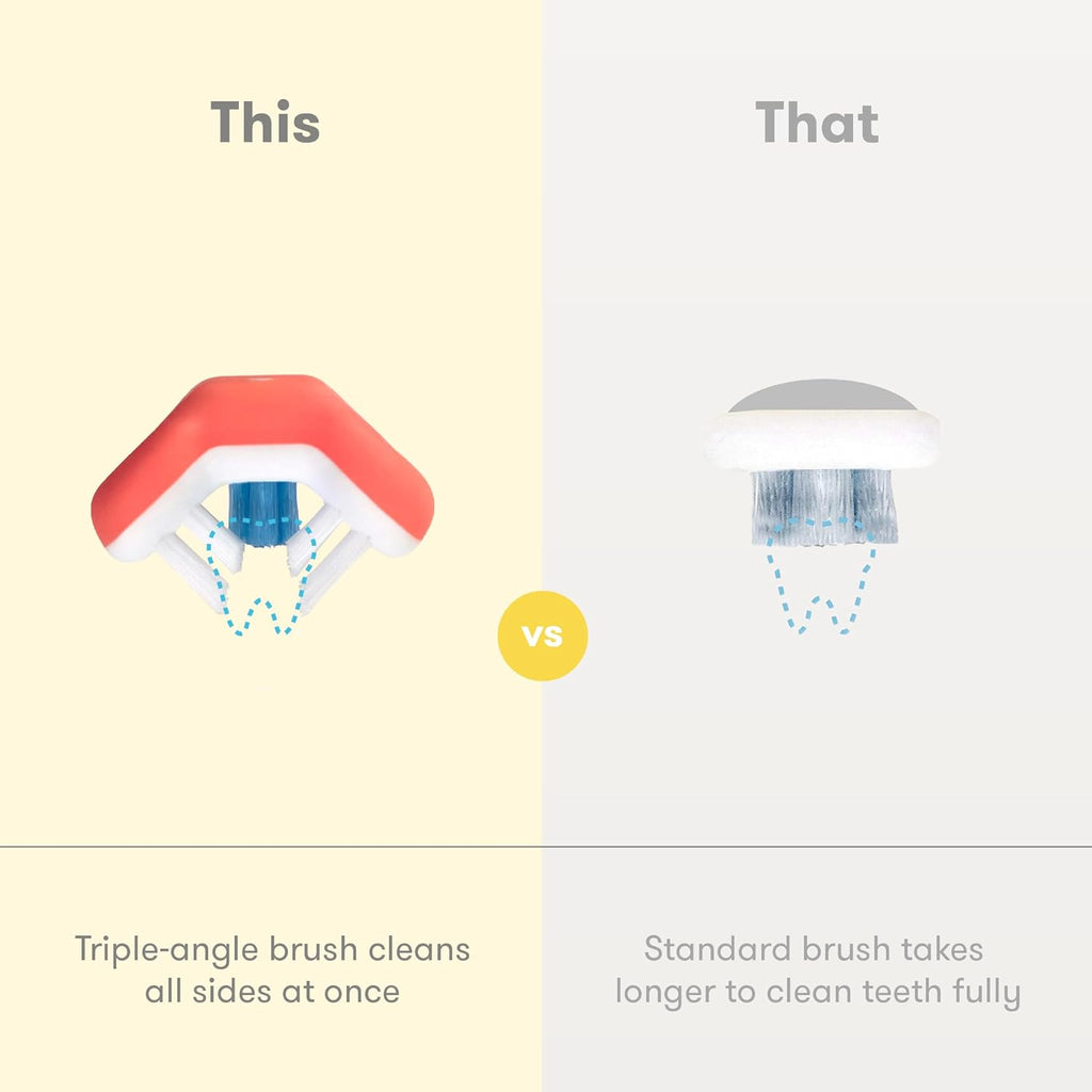 Frida Baby Triple-Angle Toothhugger Training Toddler Toothbrush | Toddler Toothbrush 2 Years and Up, Cleans All Sides at Once | 2 Pack (Pink + Blue)