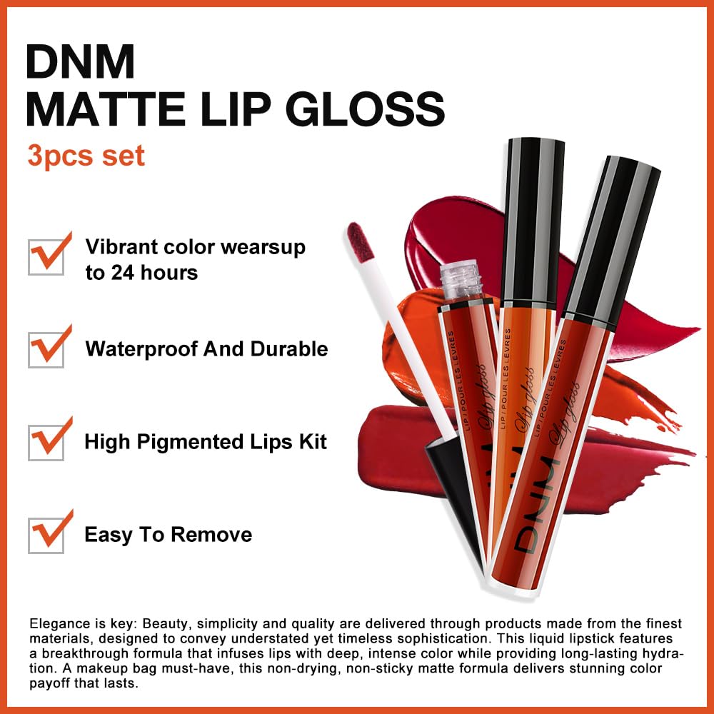 3Pcs Matte Liquid Lipstick Set, Long Lasting Waterproof Non-Transfer Lip Gloss, brick red Classic Red Lip Stain Kit for Women, Lip Stain Long Lasting 24 Waterproof Gift Makeup for Women Lippies