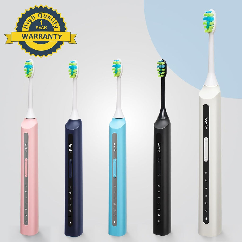 7AM2M Sonic Electric Toothbrush, High Power Rechargeable Toothbrushes, with 8 Brush Heads for Adults and Kids, 15 Adjustable Modes, Built-in 2-Minute Smart Timer, 4 Hours Fast Charge(White)