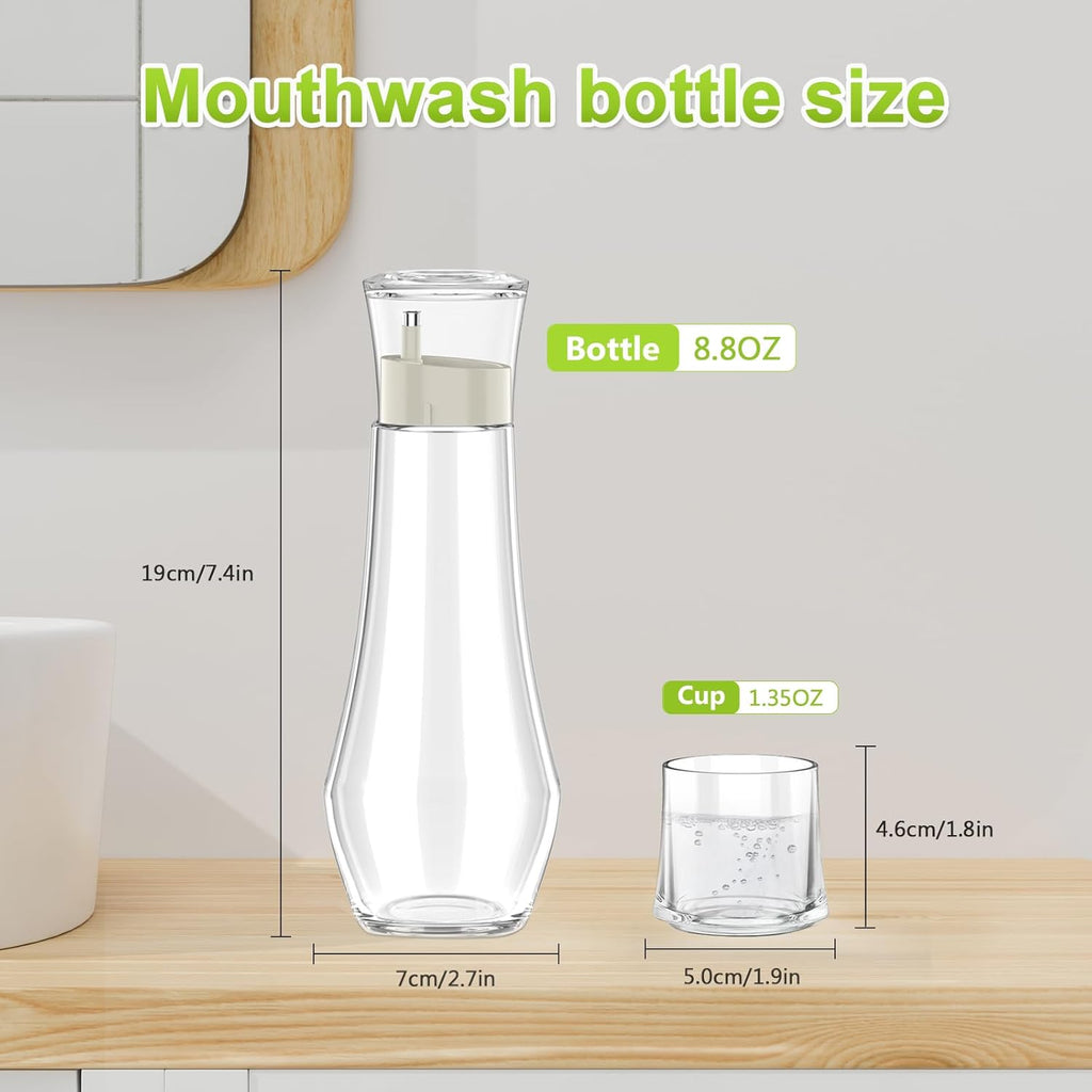 Glass Mouthwash Dispenser for Bathroom, 8.8 oz Refillable Mouthwash Container With Lid Cup, Small Clear Mouthwash Bottle for Countertop