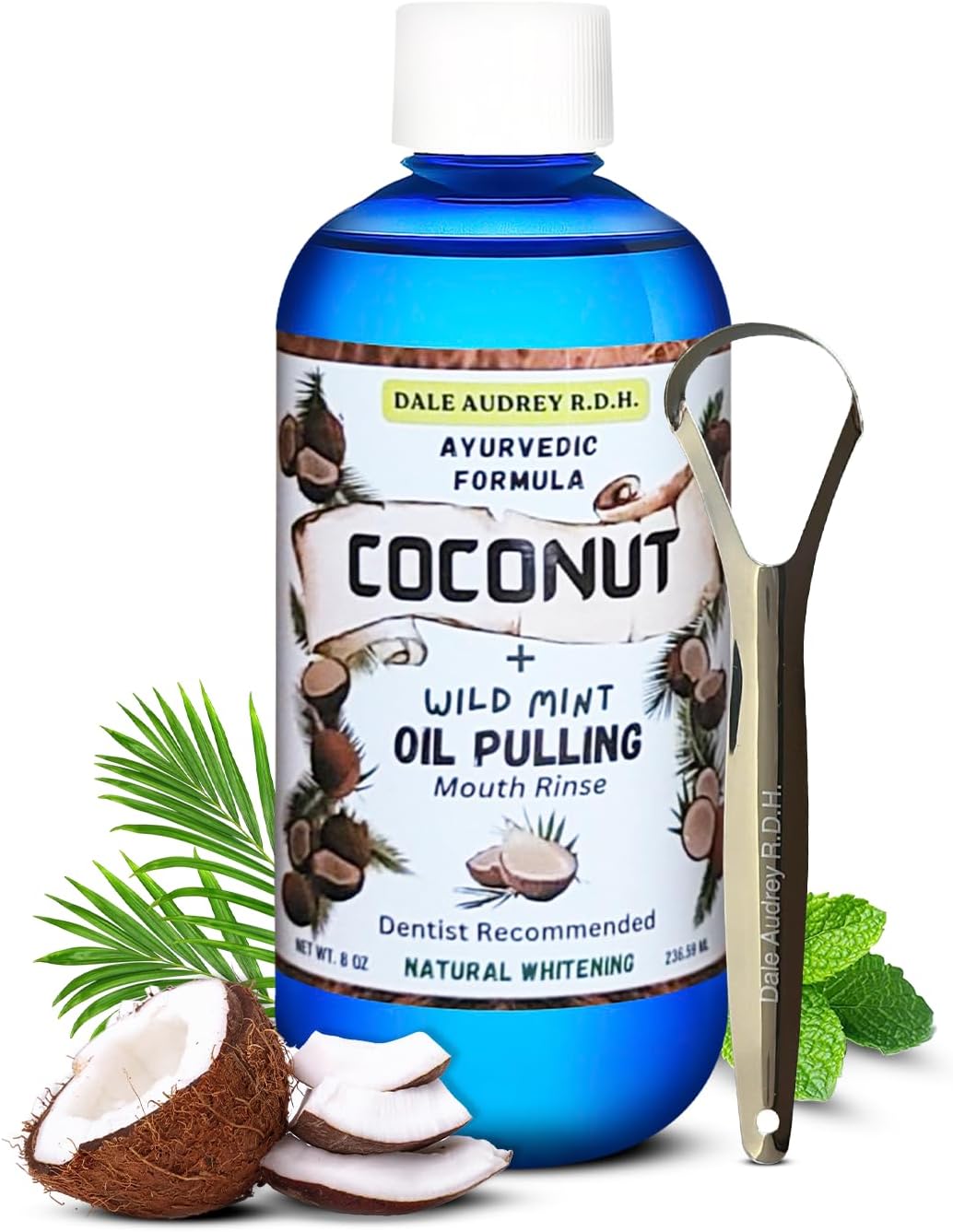 Dale Audrey Coconut Pulling Oil for Teeth and Gums with Stainless Steel Tongue Scraper | CocoMint Oil Pulling Mouthwash, Ayurvedic Alcohol-Free Teeth Whitening Mouthwash for Gums & Bad Breath- 8 FL Oz