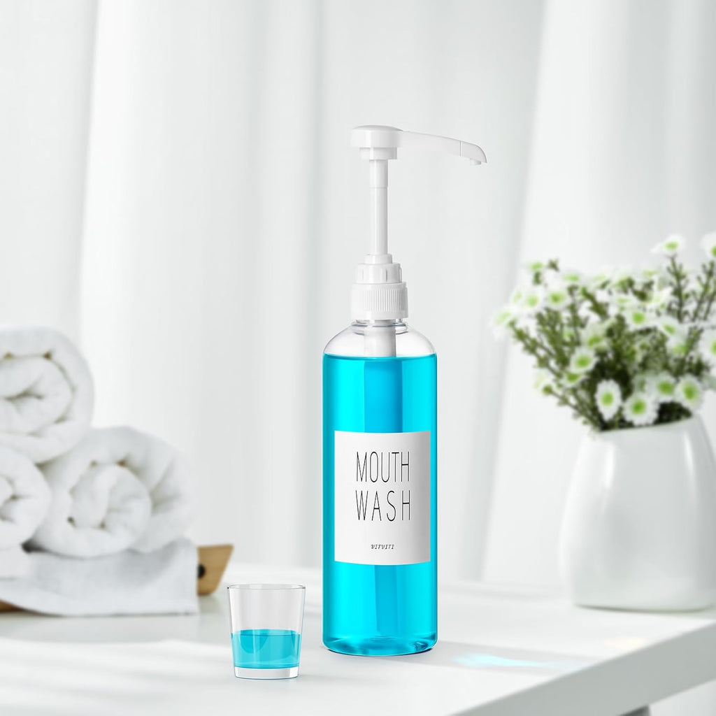 VITVITI Plastic Mouthwash Dispenser for Bathroom, 17 OZ Pump Mouth Wash Container Bottle with Cup, Clear Refillable Mouthwash Dispenser with Labels