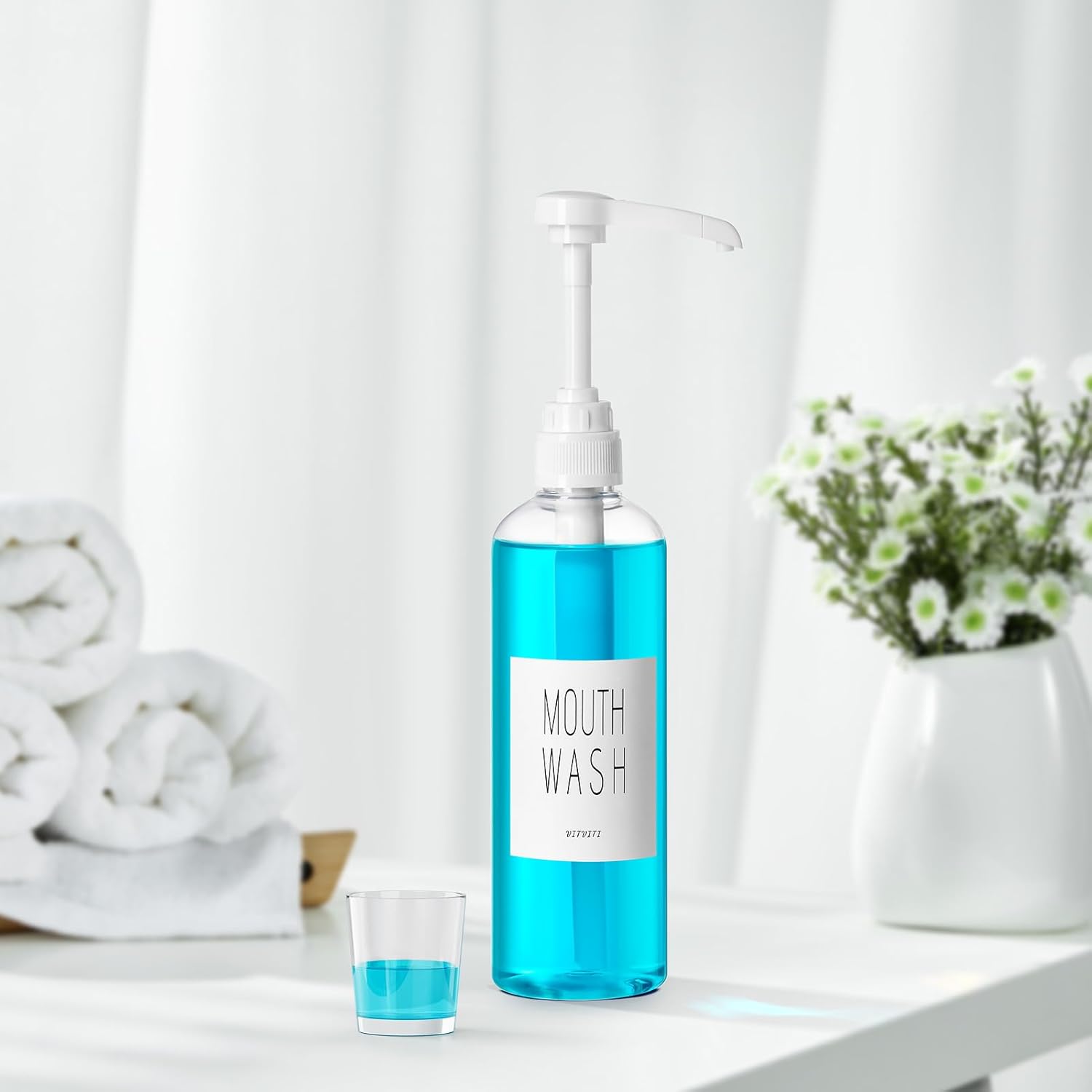 VITVITI Plastic Mouthwash Dispenser for Bathroom, 17 OZ Pump Mouth Wash Container Bottle with Cup, Clear Refillable Mouthwash Dispenser with Labels