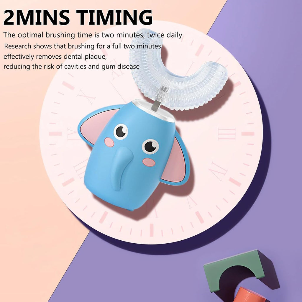 SNOWROSE Kids Electric Toothbrush U-Shaped Ultrasonic IPX7 Waterproof Design with 2 Brush Head 3 Modes, 360° Full Mouth Cleaning Automatic Children Toothbrush for 2-12 Years Old (Blue, 2-12 Age)