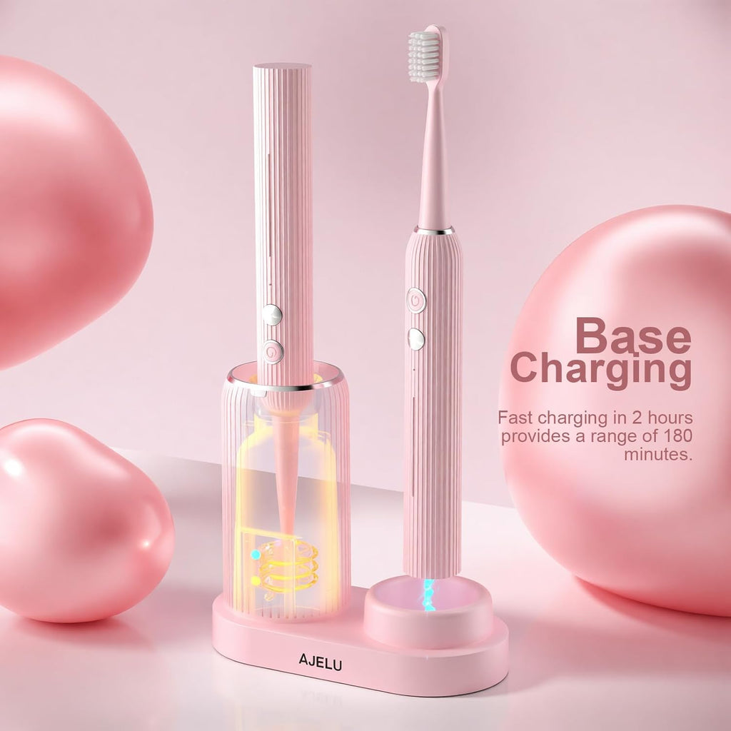 Electric Toothbrush Set for Women with UV Light Drying Holder, 8 Brush Heads, Smart Timer, USB Rechargeable – Soft Pink Edition