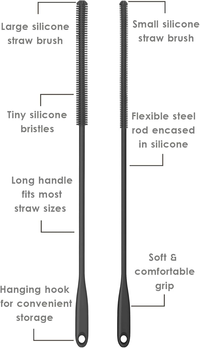 Silicone Straw Brush 4 Pack - (2 Small, 2 Wide) - 10 Inch Reusable Straw Cleaner, Pipe Cleaner, Glass and Detailing Tool (Charcoal)