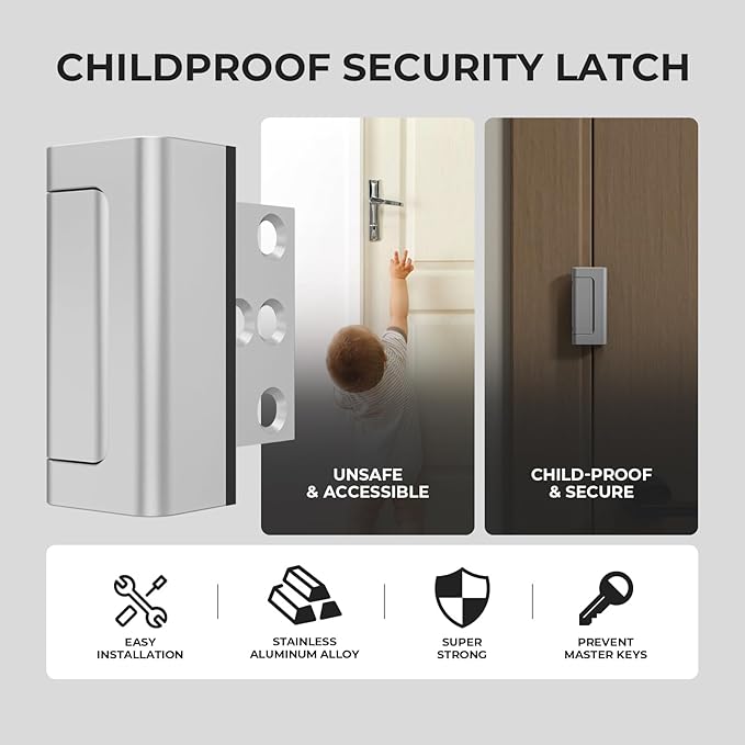 2Pack Home Security Door Reinforcement Lock Childproof, Door Locks for Kids Safety, Door Lock Latch Stopper for Front Door Inside Top of Door, Aluminum Construction Finish