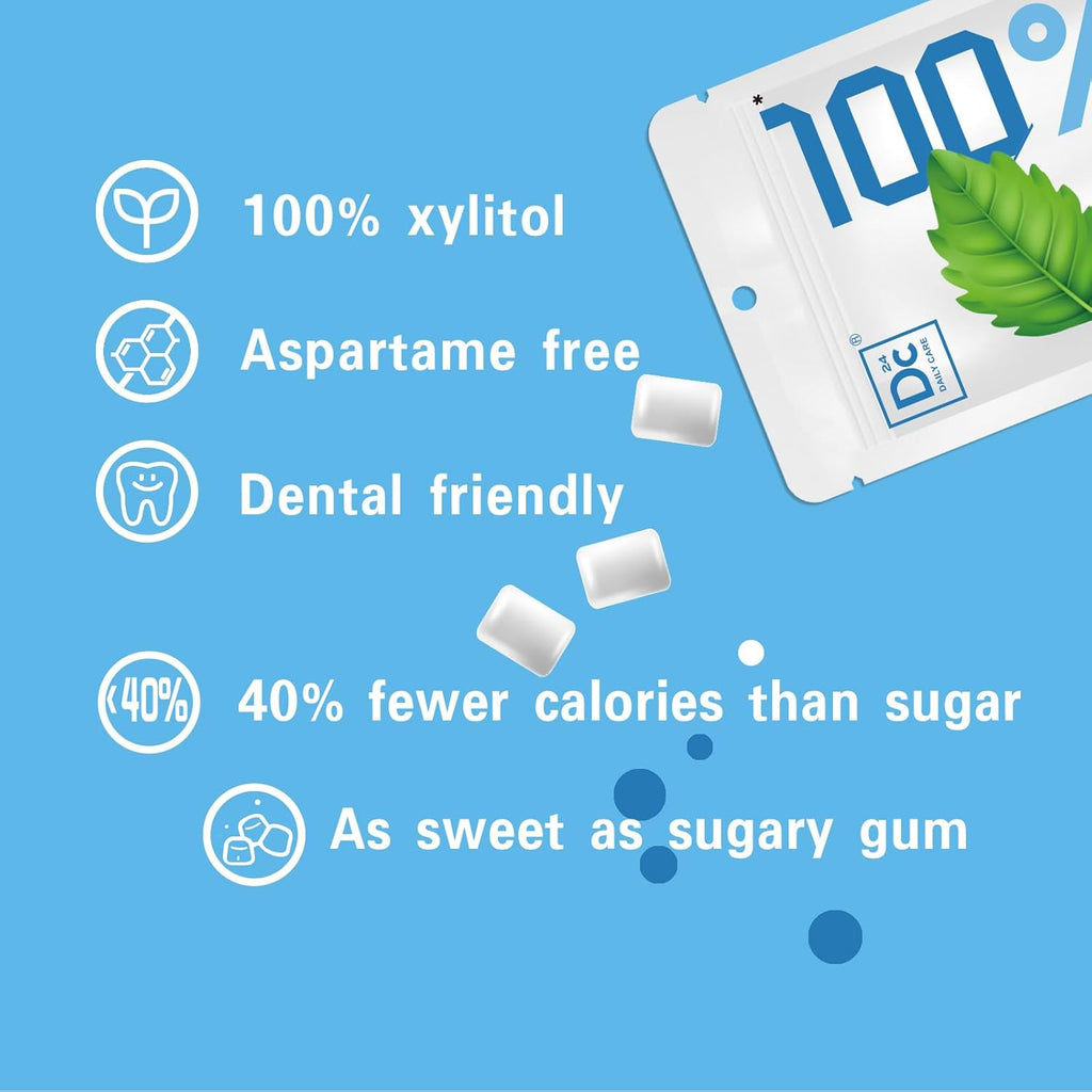 DC24 DAILY CARE 100% Xylitol Gum, Aspartame Free, Sugar Free Peppermint Chewing Gum, Natural Flavors, Gluten Free, Vegan, 20 Pieces, Pack of 5