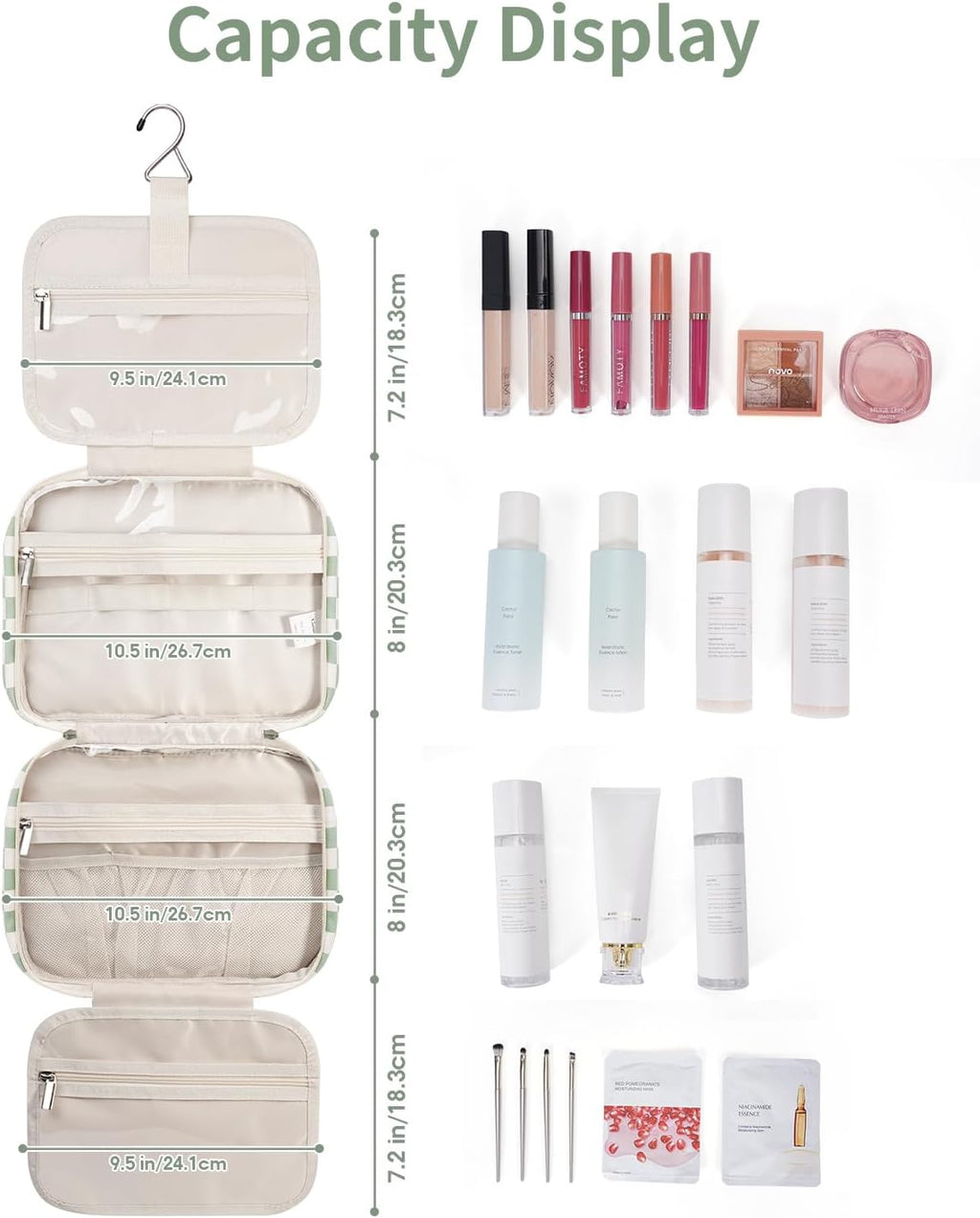 Narwey Hanging Toiletry Bag for Women Travel Checkered Makeup Bag Organizer Toiletries Bag for Travel Size Essentials Accessories Cosmetics (Mint Green Checkerboard (Medium))