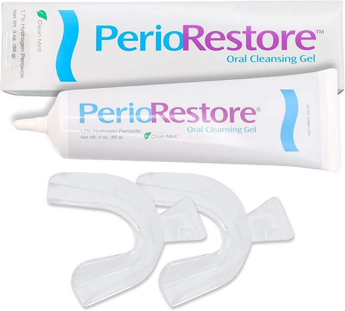 Perio Restore Gel (3 oz) – Mint-Flavored at-Home Periodontal & Teeth Whitening Treatment with 1.7% Hydrogen Peroxide | Includes 2 Application Trays for Easy Use