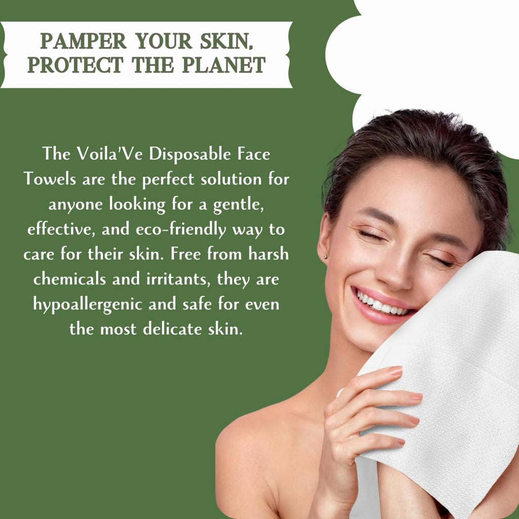 VoilaVe Disposable Face Towels -100% Cotton Biodegradable Makeup Remover Dry Wipes, Ultra Soft Lint Free Facial Cloth | Clinically Tested Eco-Friendly Towelettes For Sensitive Skin - XL 10 x 12"- 50 C