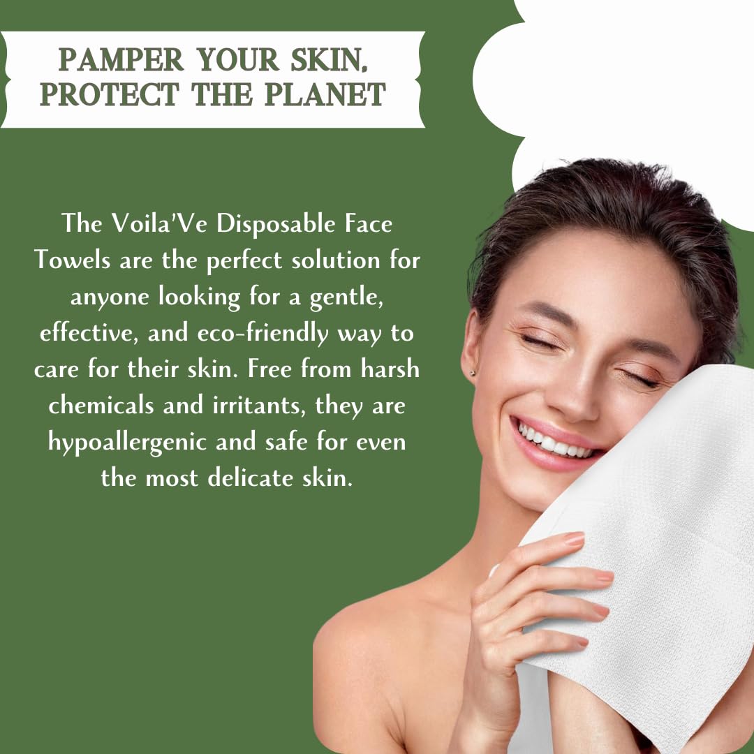 VoilaVe Disposable Face Towels -100% Cotton Biodegradable Makeup Remover Dry Wipes, Ultra Soft Lint Free Facial Cloth | Clinically Tested Eco-Friendly Towelettes For Sensitive Skin - XL 10 x 12"- 50 C
