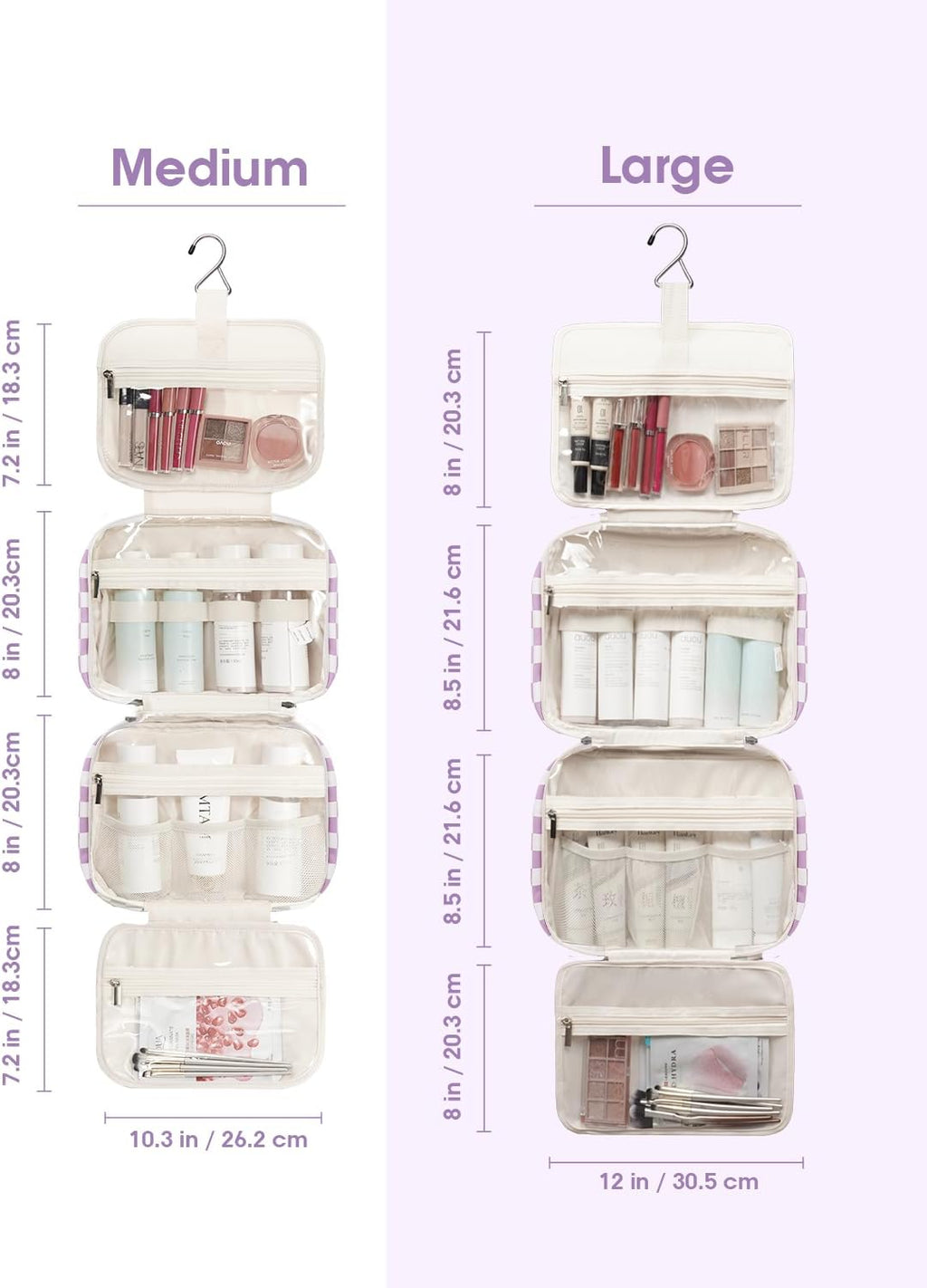 Narwey Travel Toiletry Bag for Women Large Hanging Makeup Bag Organizer Toiletries Bag for Full Size Essentials Accessories Cosmetics (Purple Checkerboard (Large))