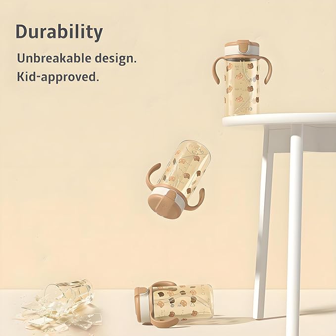 Evorie Tritan Spill Proof Toddler Straw Sippy Cup, 10 oz for Baby and Toddlers 1-3 Years Old, No Spill Straw Water Bottle with Removable Handles, Ideal for School, BPA-Free, Travel in Space