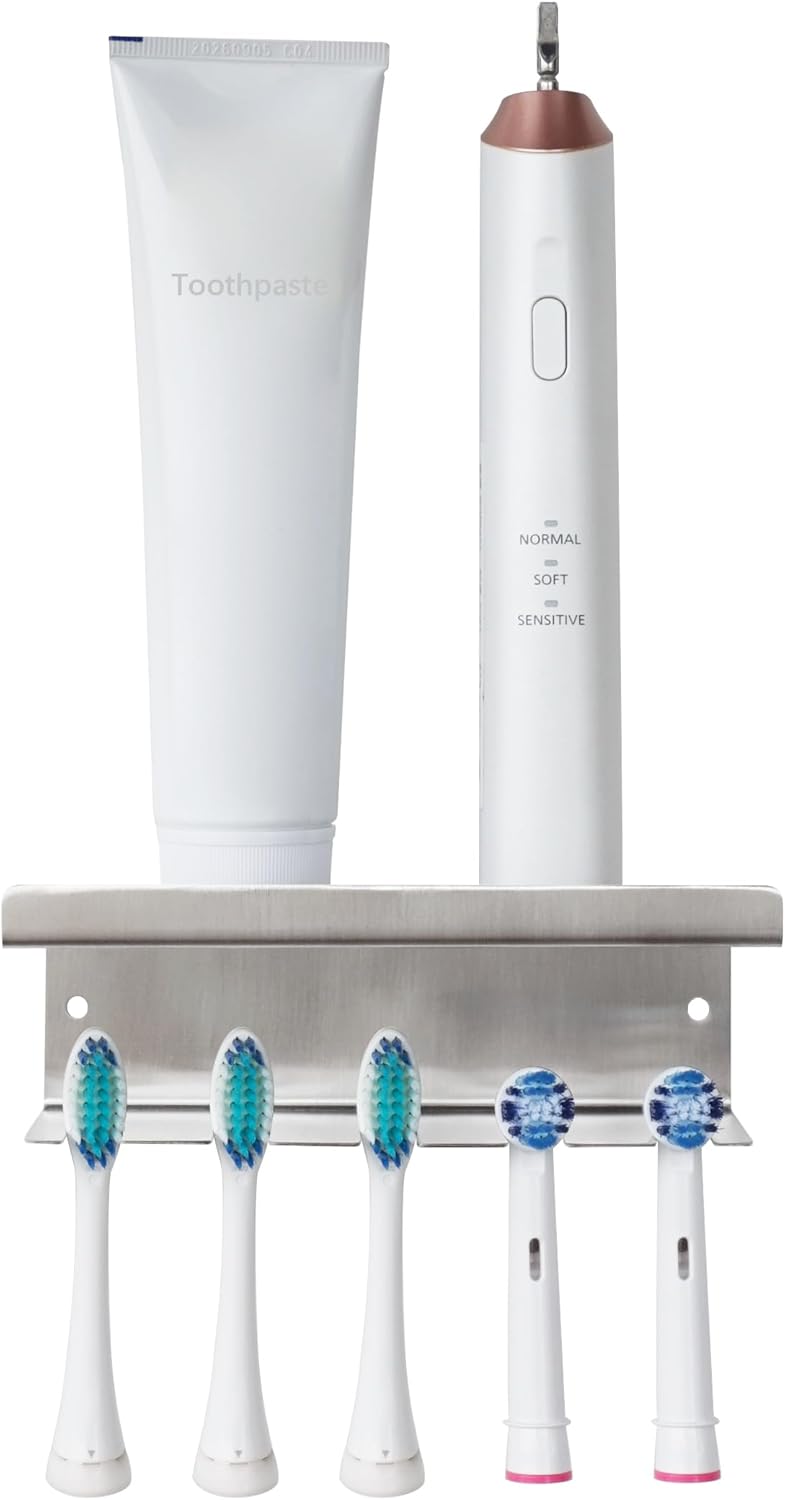 Stainless Steel Toothbrush Holder Wall Mounted - No Drill Bathroom Organizer with 3M Adhesive & Screws, 5-Slot Razor & Electric Toothbrush Holder, Rustproof for Wet Spaces (Silver, 18/8 304 Grade)