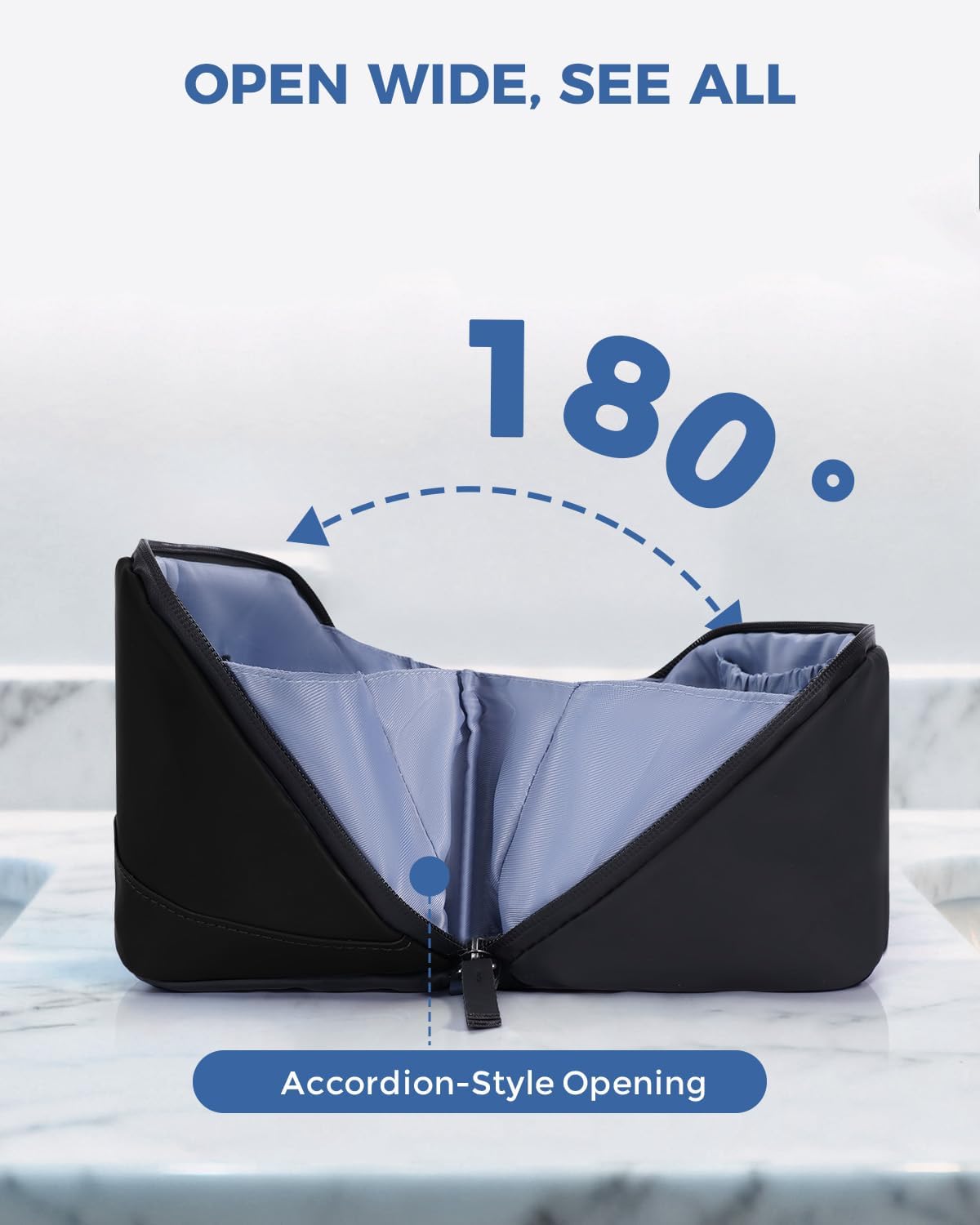 WANDF Toiletry Bag for Men, PU Leather Travel Organizer with Detachable Waterproof Hanging Pouch, Open-Flat Dopp Kit Shaving Bag with Wet Pocket for Travel Toiletries Accessories (Black)