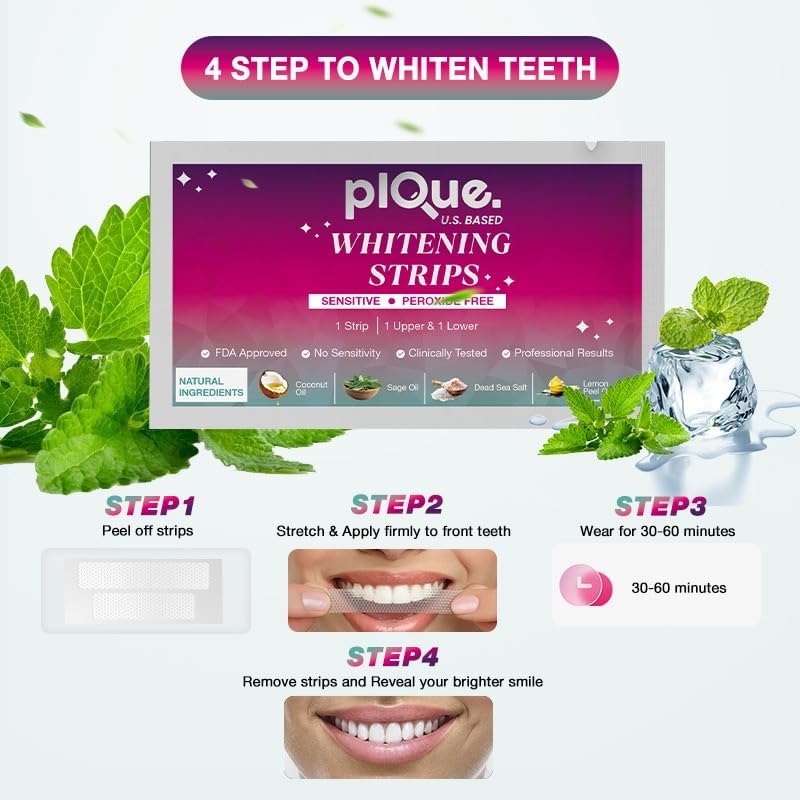 Peroxide Free Teeth Whitening Strips 14 Treatments - New Gentle Formula for Sensitive Teeth. Deep Stain Removal - Coconut Oil, Sage, Lemon Peel, Dead Sea Salt for Beautiful Bright Smile. (28 Strips)