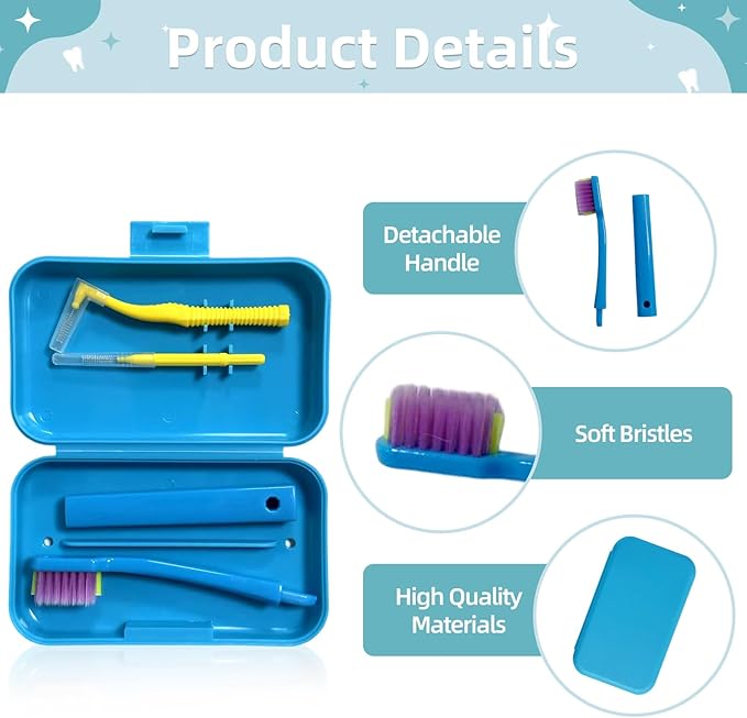 3-Pack Dental Care Kit - Angled Orthodontic Toothbrush, Interdental Brush, and Standard Toothbrush with Travel Case, Soft Bristles for Braces and Teeth Cleaning