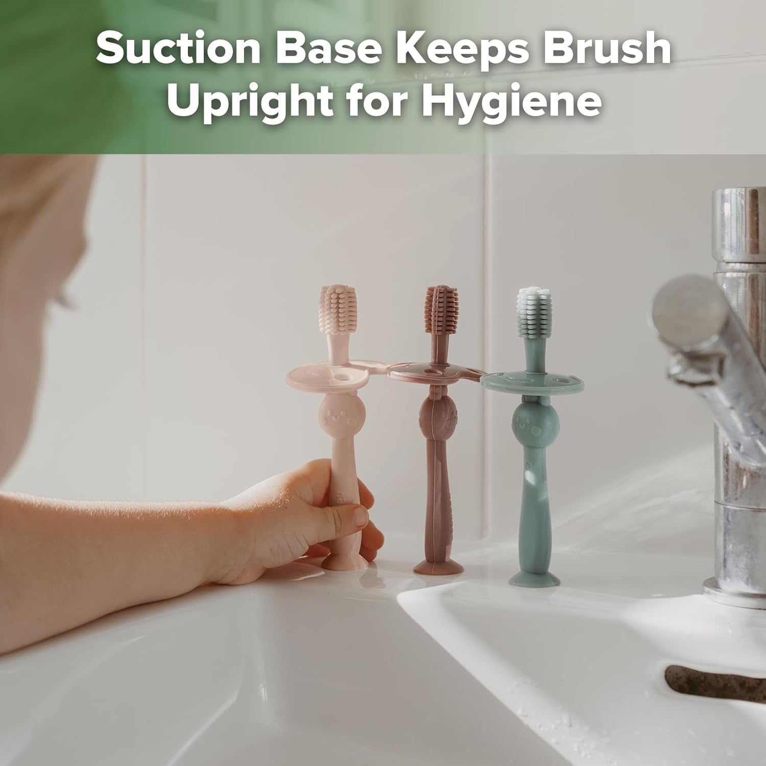 haakaa 360° Baby Toothbrush with Suction Base - Gentle Cleaning for Toddler's Self-Brushing Training, Food-Grade Silicone, Adjustable Safety Shield - Dusty Pink (1 Piece)