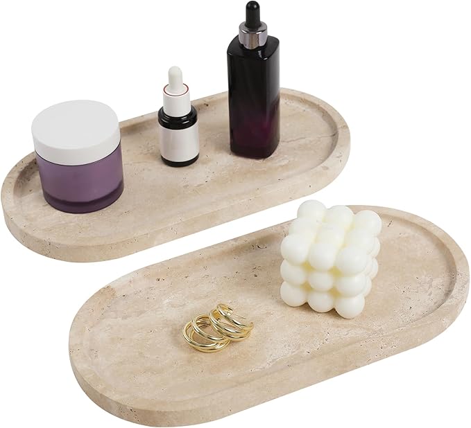 2 Pcs Travertine Tray, Oval Stone Tray for Bathroom Storage Home Decor, 12 x 6 Inch