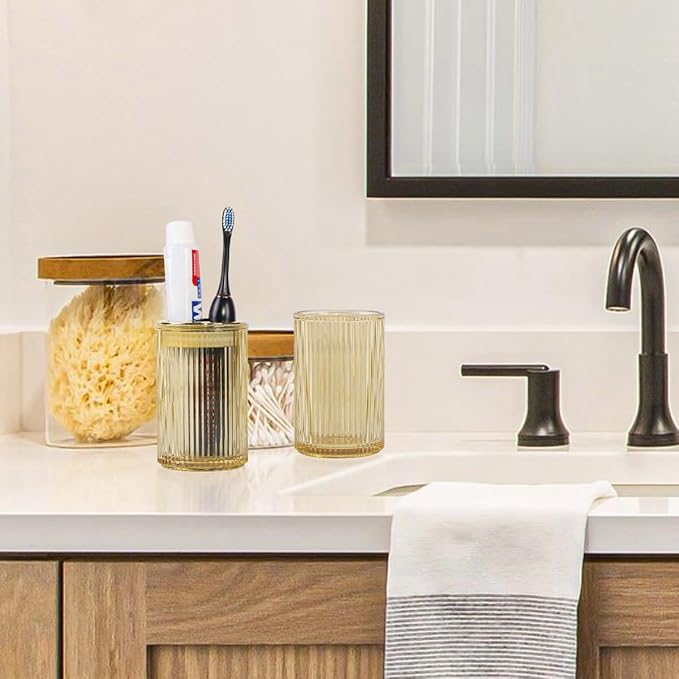 Toothbrush Holders for Bathrooms, 2pcs Glass Toothbrush Holder, 12oz Bathroom Tumbler and Mouthwash Cup, Tooth Brush and Toothpaste Organizer for Bathroom Vanity Countertop (Amber Gold)