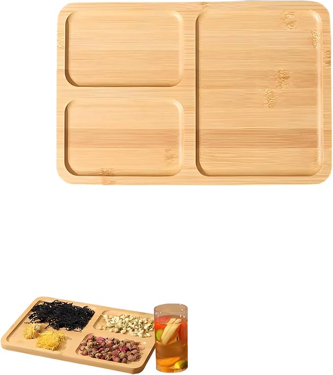 1PCS Bamboo Bathroom Trays - Suitable for The Bathroom,Kitchen,Breakfast Tray and Decorative Tray (11.02 in * 7.48 in(3 Grids))