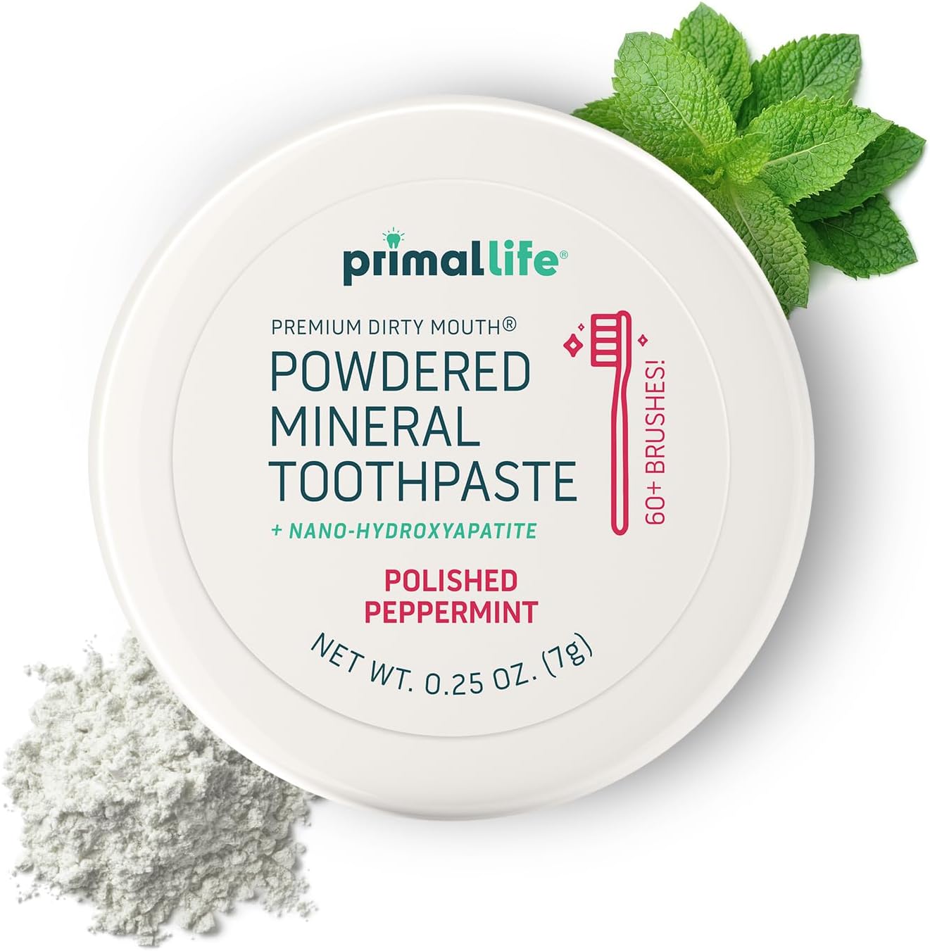 Primal Life Organics - Dirty Mouth Toothpowder, Tooth Cleaning Powder, Flavored Essential Oils with Natural Kaolin & Bentonite Clay, Good for 200+ Brushings, Organic, Vegan (Peppermint, 0.25 oz)