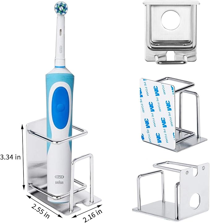Stainless Steel Adhesive Wall Mounted Toothbrush Holder, 3 in 1 Organizer for Toothbrush, Toothpaste, and Cup (Silver (2 Pack))