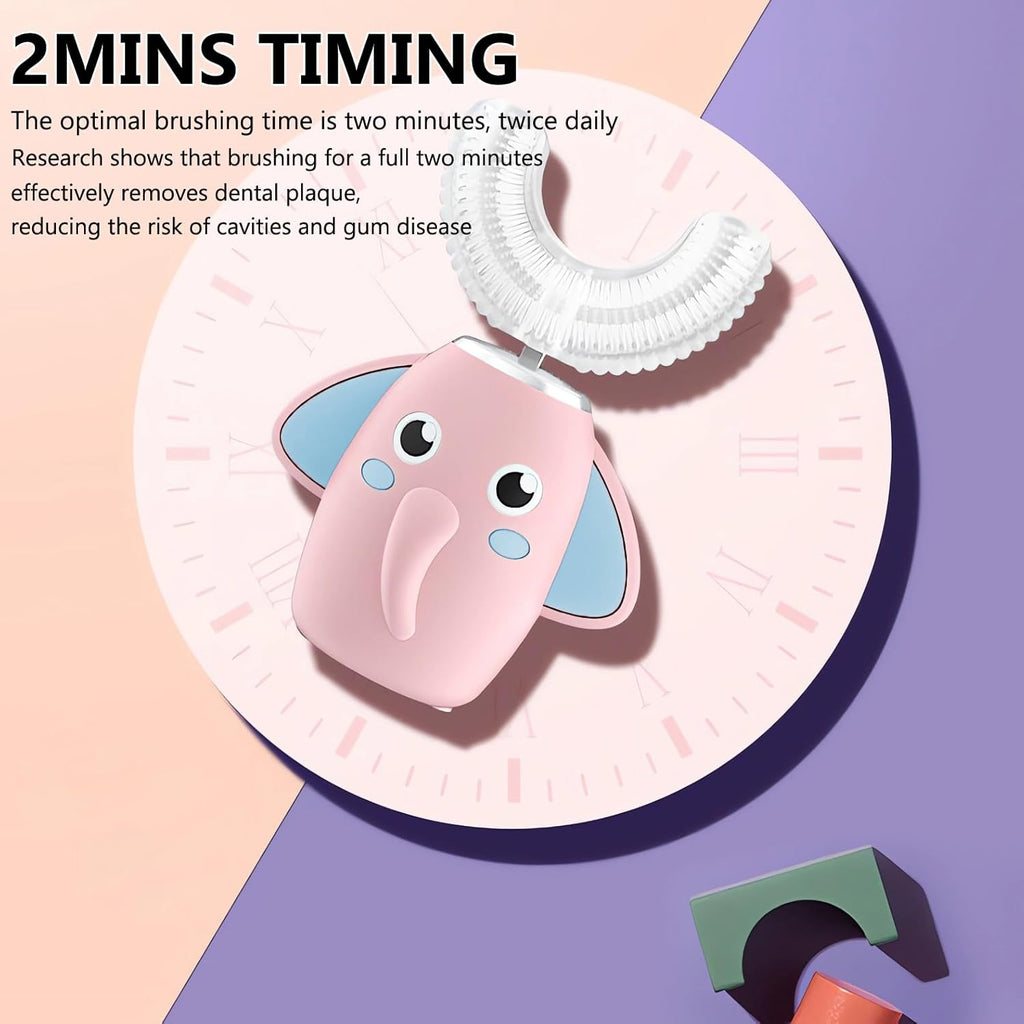 SNOWROSE Kids Electric Toothbrush U-Shaped Ultrasonic IPX7 Waterproof Design with 2 Brush Head 3 Modes, 360° Full Mouth Cleaning Automatic Children Toothbrush for 2-12 Years Old (Pink, 2-12 Age)