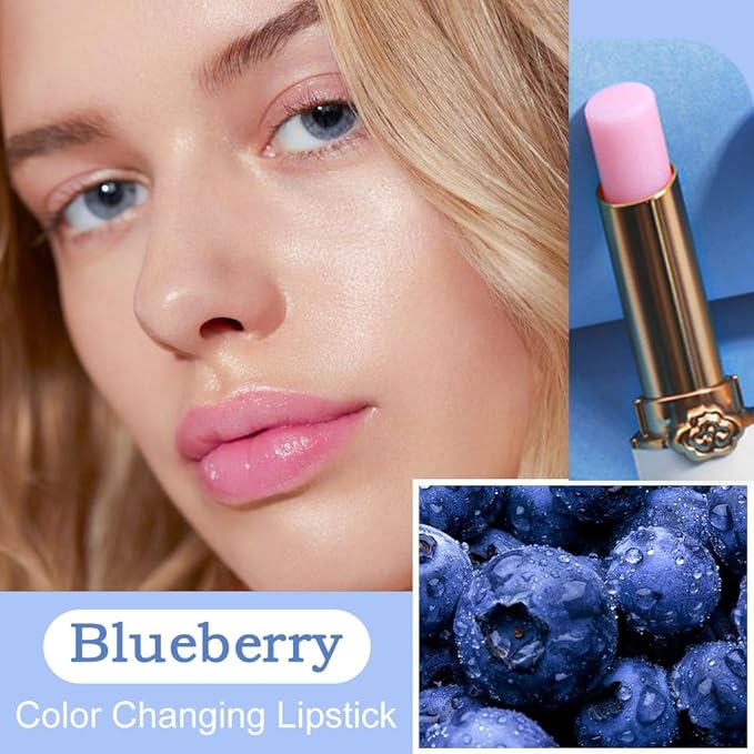 BINGBRUSH Peach Color Changing Lipstick,Moisturizer Long Lasting Lip Care Lip Balm Magic Lip Gloss Lip Tint Stain Gloss Set for Women (1pc Blueberry)