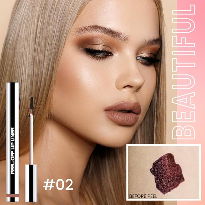 Matte Liquid Lip Stain Peel Off Lip liner Tattoo, Brown Matte Peel Off Lip Stain, Long Lasting Waterproof Lipstick Lip Gloss Stain, Transfer-proof for All Skin Types, 0.12 fl oz 02#