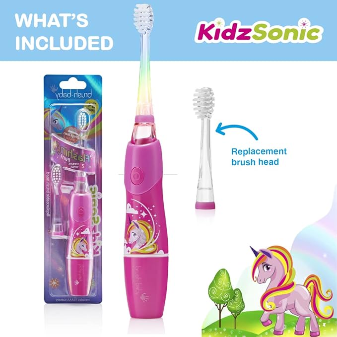 brush-baby - KidzSonic Unicorn Kids Electric Toothbrush, Ages 3+ Years - DeepClean Bristles, Suction Base - Fun Design with Flashing Lights - 2 x Replacement Heads & 1 x AAA Battery