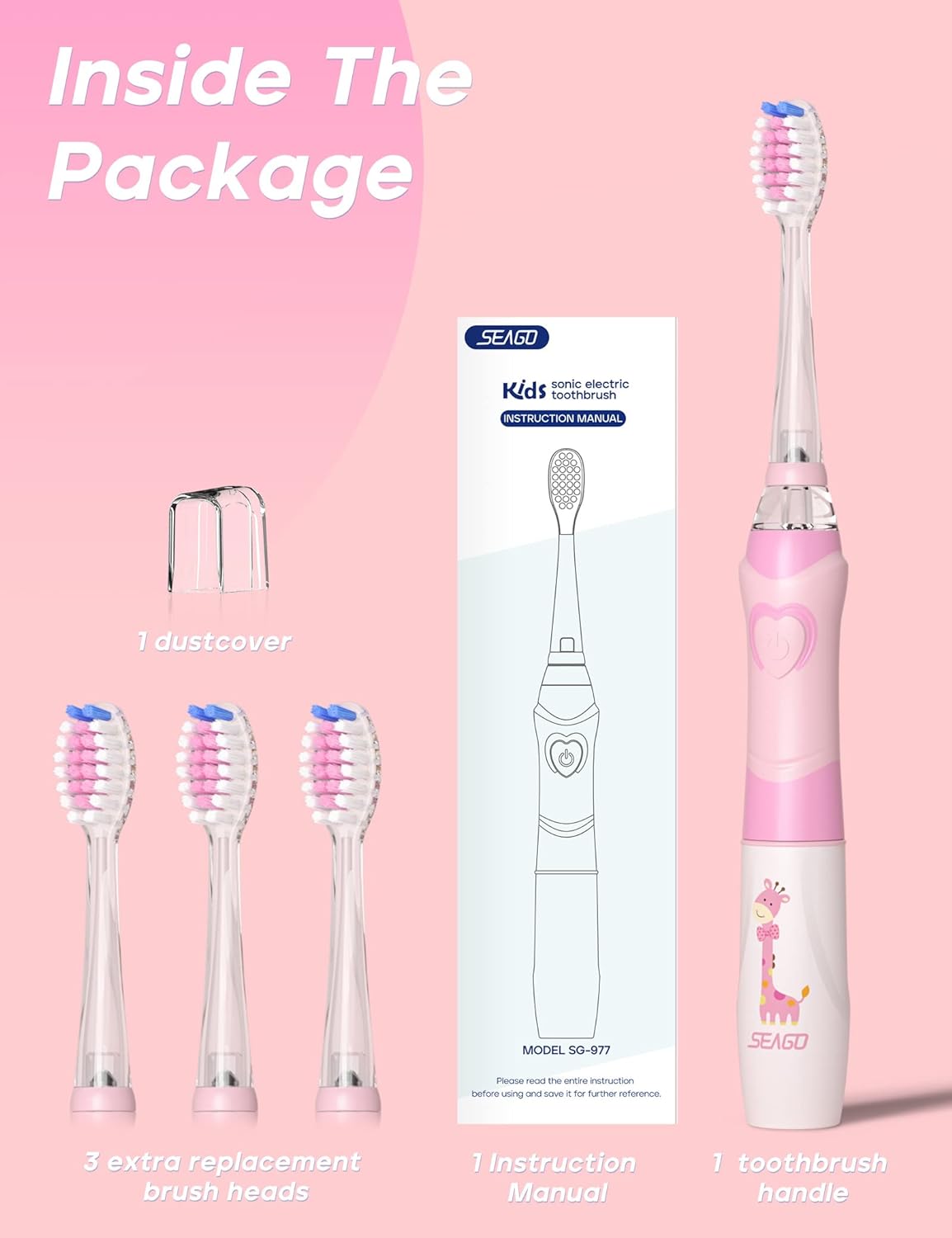 SEAGO Kids Electric Toothbrush with 2 Mins Timer and 4 Replacement Bursh Heads, Rainbow LED Light Make Brushing Fun, Pink Color Girls Battery Powerd for 4-12 Years Old，SG-977
