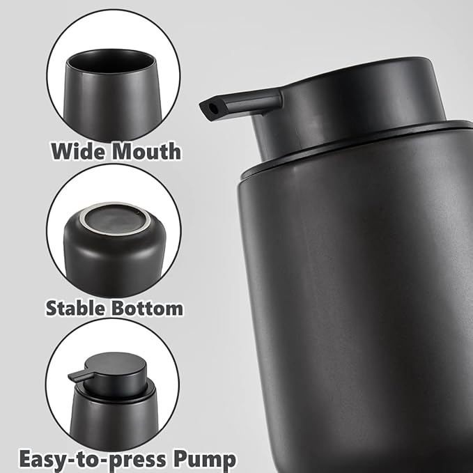 12Oz Black Soap Dispenser - Modern Ceramic Lotion Hand Soap Dispenser with Easy-to-Press Black Pump, Reusable and Refillable Liquid Dish Soap Dispensers for Bathroom & Kitchen