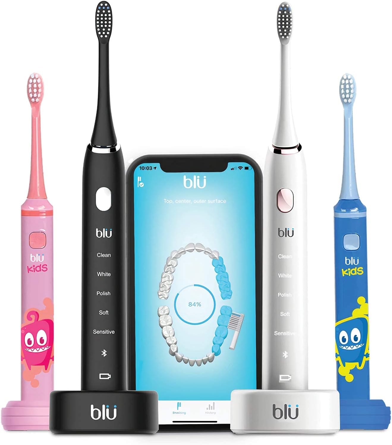 Blu Smart Electric Toothbrush, Power Sonic Toothbrush with Interactive Live Tracking App for Adults (White)