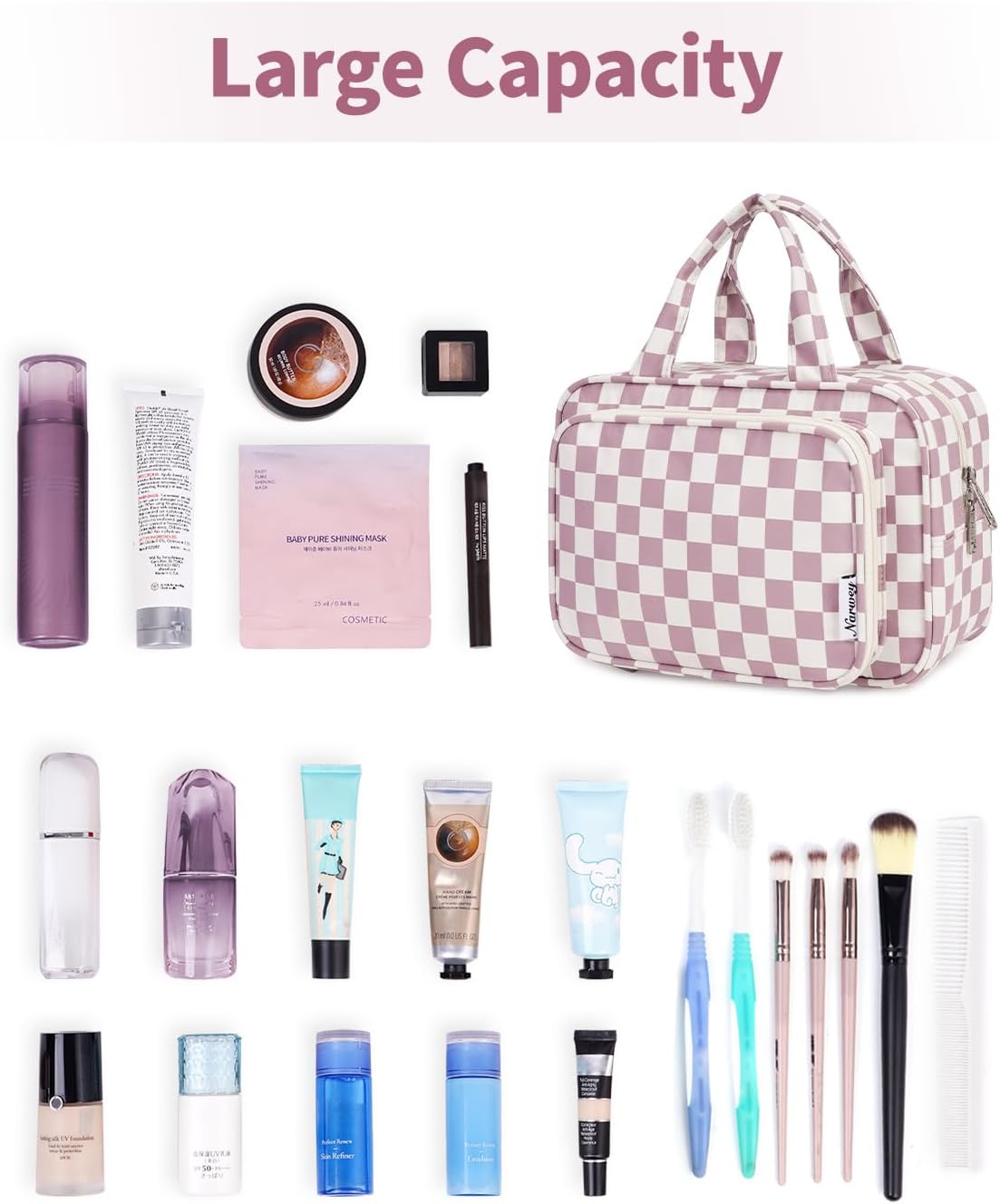 Narwey Large Travel Toiletry Bag for Traveling Women, Cosmetic Makeup Bag Make Up Organizer, Checkered Travel Bag for Toiletries with Handle (Dusty Rose Checkerboard)