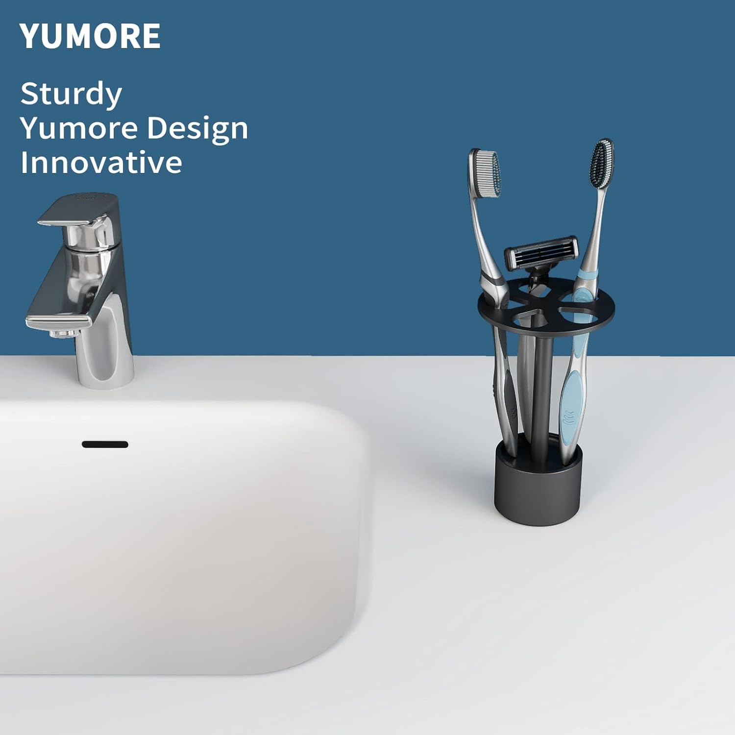 YUMORE Toothbrush Holder Stand Stainless Steel Tooth Brush Holder Bathroom Countertop Organizer Storage (Matte Black)