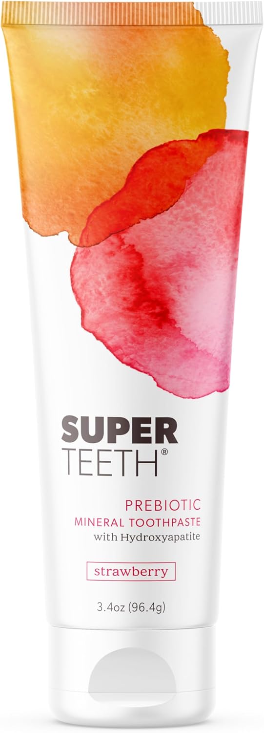 SuperTeeth Prebiotic Mineral Toothpaste for Adults and Kids | Antiplaque | Hydroxyapatite | Fluoride Free | SLS Free | Remineralizing | Oral Care | Made in USA | Strawberry