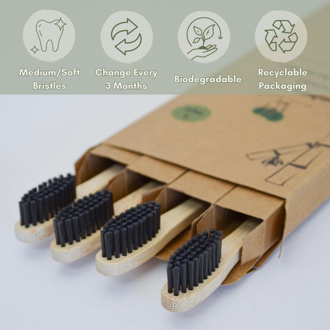 ME MOTHER EARTH Bamboo Charcoal Toothbrush Pack, Medium Soft Bristle Brush, Charcoal Infused Bristles, Biodegradable & Eco Friendly, Sustainable Bamboo (Pack of 4)